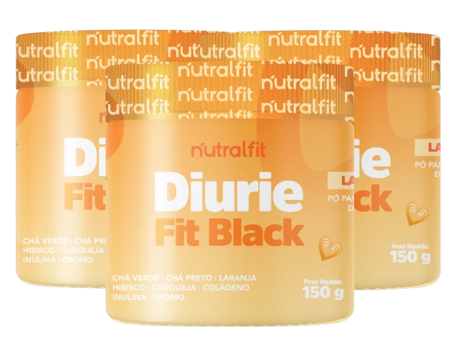Tr&ecirc;s potes de DiurieFit Black de 150 g, lado a lado.