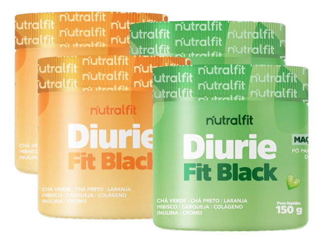 Quatro potes de DiurieFit Black de 150 g, lado a lado.