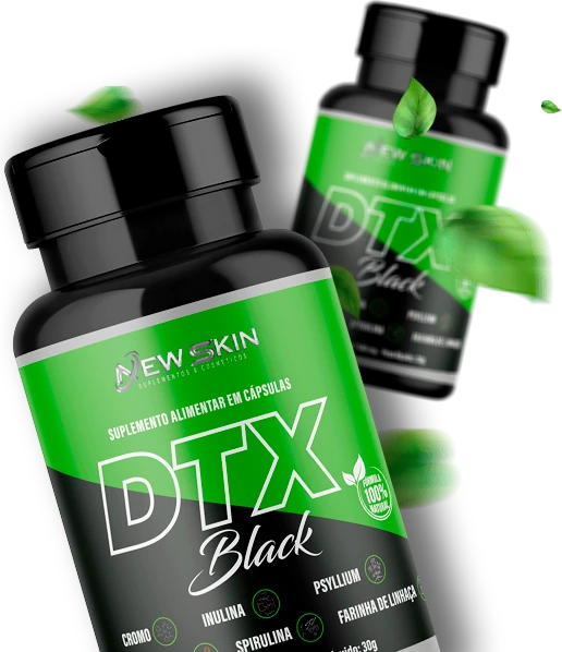 Dois frascos de DTX Black em &acirc;ngulo, com folhas ao redor.