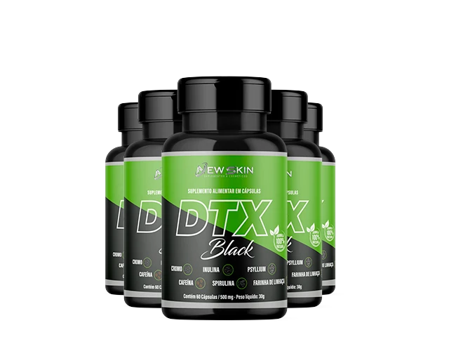 Cinco potes de DTX Black, 60 c&aacute;psulas cada.